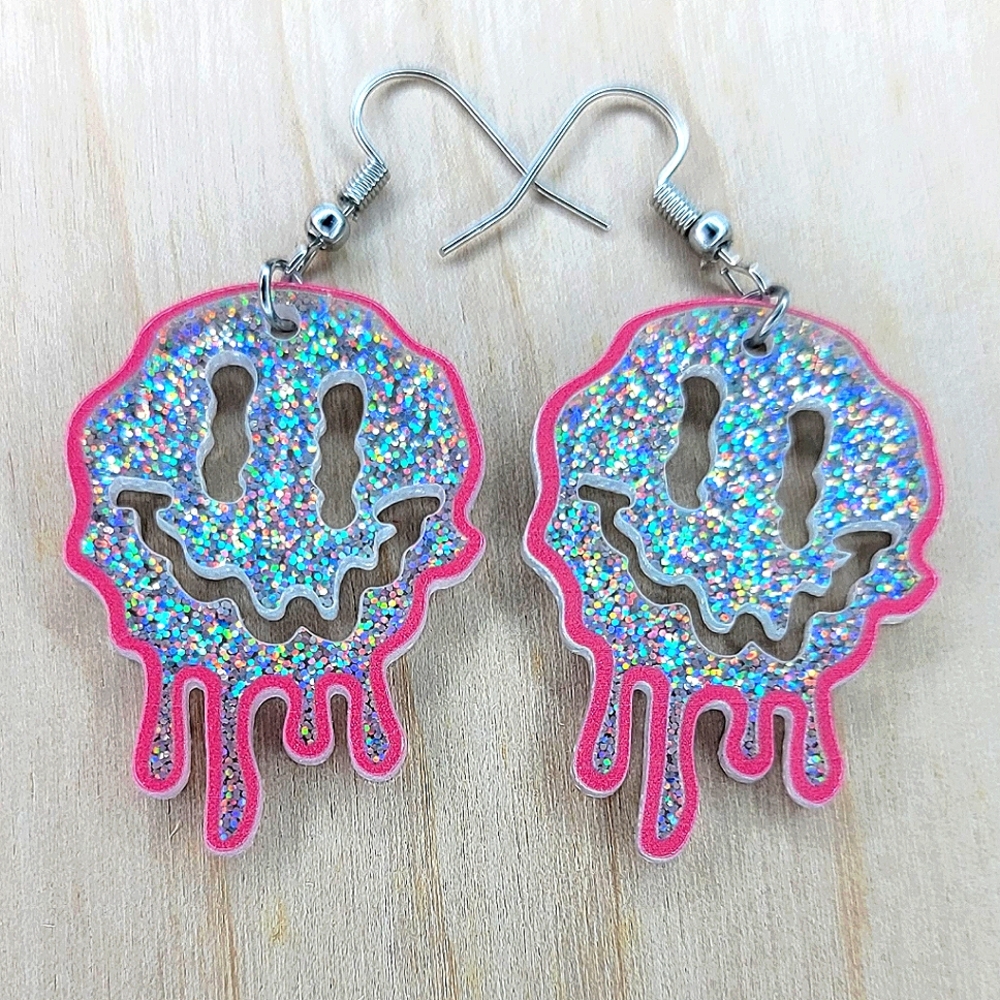 Drip Happy Face Earrings, Acrylic, Foil, Hot Pink